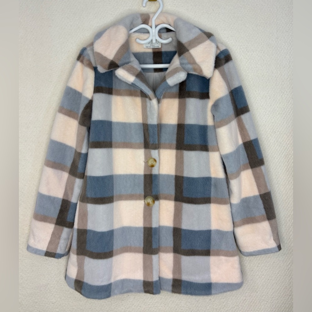 Z Supply Warm Plush Plaid Coat. Gorgeous Blue Brown & Cream Colours Size S BNWOT